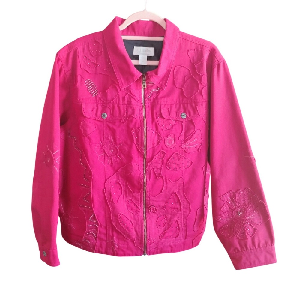 Christopher & Banks Pink Embroidered Jacket Zip Front Beaded‎ Floral Size XL